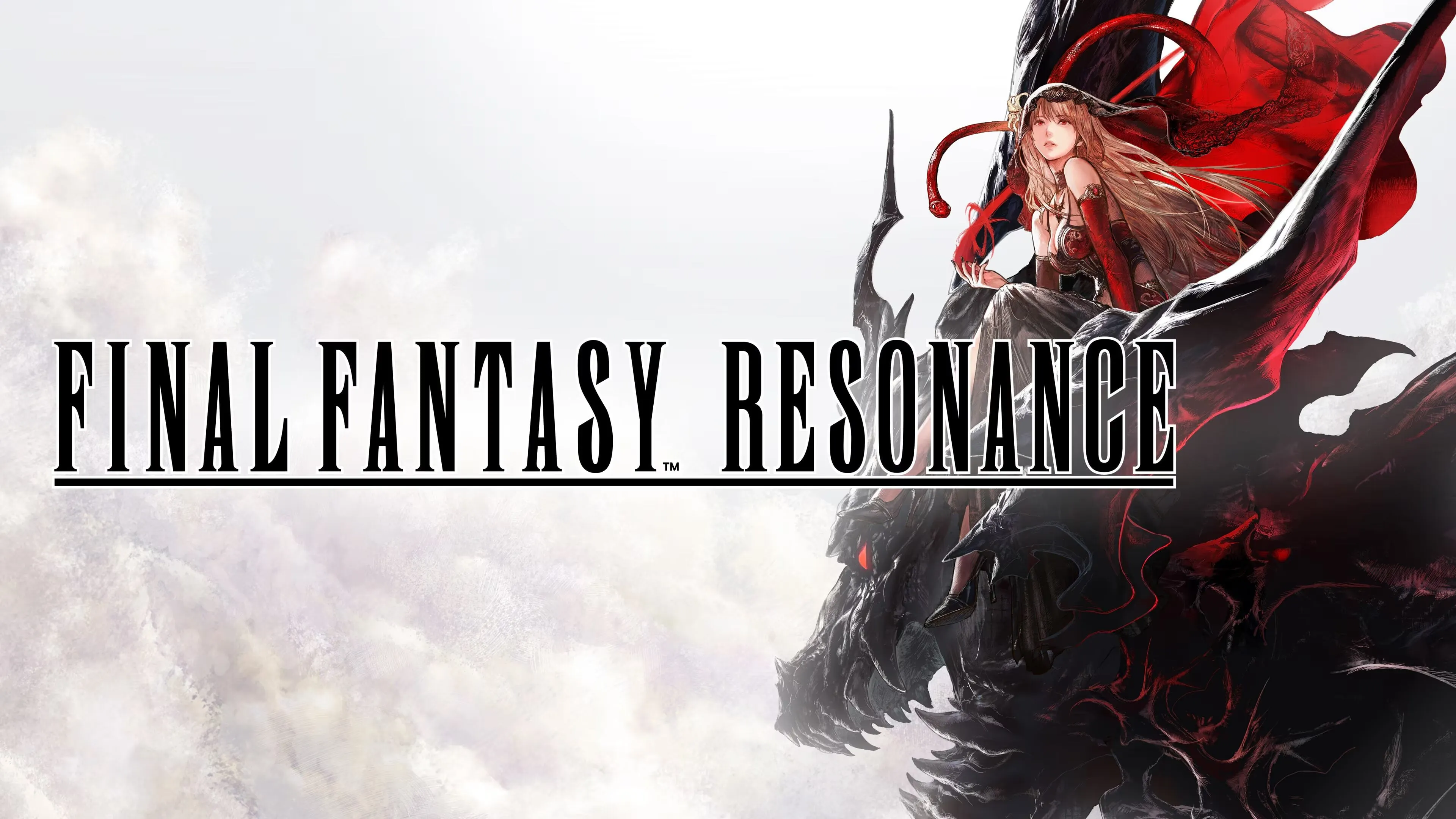 Final Fantasy Resonance key art — Dark Fina riding a black dragon next to the official logo