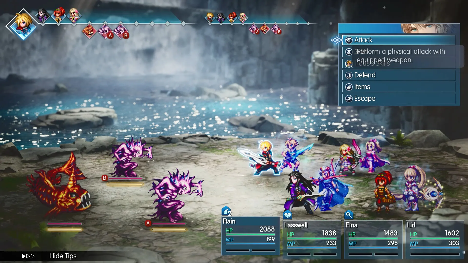 Final Fantasy Resonance turn-based battle — the party faces monsters in an HD-2D cavern